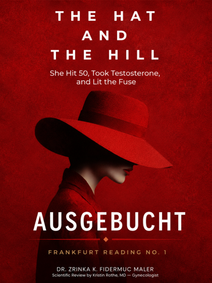 Red graphic for “The Hat and the Hill” by Dr. Zrinka K. Fidermuc Maler announcing the first Frankfurt reading event as sold out (“Ausgebucht”). The design features the signature red silhouette with wide-brimmed hat from the book cover.